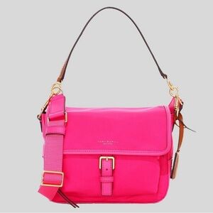 Tory Burch Perry Nylon Bright Pink with Navy quilted lining crossbody bag